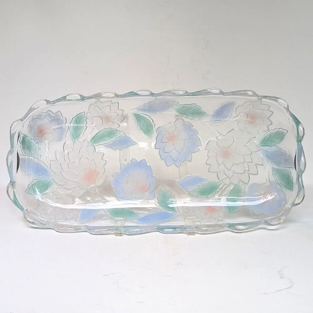 Vintage Crystal Clear Studios Chrysanthemum Lotus Frosted Glass Tray